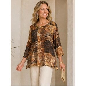 CHICO'S Silk Linen Tunic Blouse L Neutral Patchwork Beaded Art Lagenlook Resort